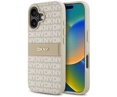 DKNY PU Leather Repeat Pattern Tonal Stripe Apple iPhone 16 Plus dėklas telefonui rožinės spalvos