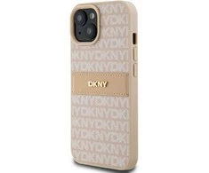 DKNY DKHCP15SPRTHSLP Apple iPhone 15 14 13 6.1 inch rožinės spalvos kietas dėklas Leather Mono Stripe &amp; Metal Logo