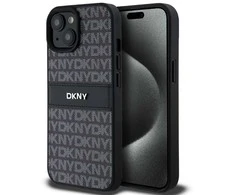 Apple iPhone 13 / 14 / 15 DKNY odinis dėklas Mono Stripe &amp; Metal Logo (DKHCP15SPRTHSLK) juodos spalvos
