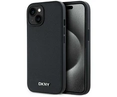 DKNY PU Leather Sidabrinis Metal Logo Magsafe dėklas telefonui Apple iPhone 14 juodos spalvos