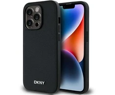 DKNY PU Leather Sidabrinis Metal Logo Magsafe dėklas telefonui Apple iPhone 14 Pro juodos spalvos