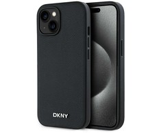 DKNY PU Leather Sidabrinis Metal Logo Magsafe dėklas telefonui Apple iPhone 15 juodos spalvos
