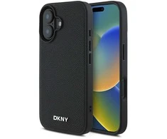 DKNY PU Leather Sidabrinis Metal Logo Magsafe Apple iPhone 16 Plus dėklas telefonui juodos spalvos