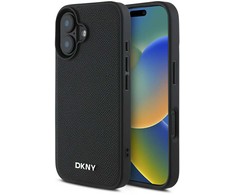 DKNY PU Leather Sidabrinis Metal Logo Magsafe Apple iPhone 16 dėklas jūsų telefonui juodos spalvos