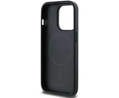 DKNY PU Leather Sidabrinis Metal Logo Magsafe dėklas telefonui Apple iPhone 14 Pro juodos spalvos