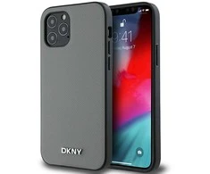 DKNY PU Leather Sidabrinis Metal Logo Magsafe dėklas telefonui Apple iPhone 12/12 Pro pilkos spalvos