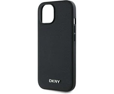 DKNY PU Leather Sidabrinis Metal Logo Magsafe dėklas telefonui Apple iPhone 13 juodos spalvos