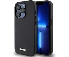 DKNY PU Leather Sidabrinis Metal Logo Magsafe dėklas telefonui Apple iPhone 15 Pro Max juodos spalvos