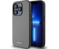 DKNY PU Leather Sidabrinis Metal Logo Magsafe dėklas telefonui Apple iPhone 15 Pro Max pilkos spalvos