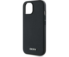 DKNY PU Leather Sidabrinis Metal Logo Magsafe dėklas telefonui Apple iPhone 15 juodos spalvos