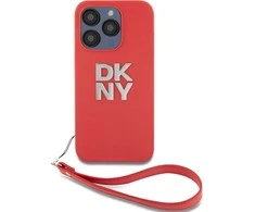 DKNY PU Leather Stack Logo Wrist Strap dėklas telefonui Apple iPhone 14 Pro raudonos spalvos