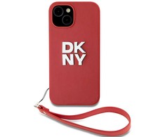 DKNY PU Leather Stack Logo Wrist Strap dėklas telefonui Apple iPhone 15 raudonos spalvos