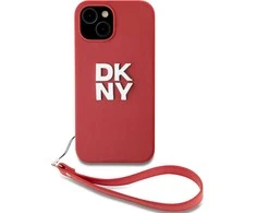 DKNY PU Leather Stack Logo Wrist Strap dėklas skirtas Apple iPhone 14 raudonos spalvos