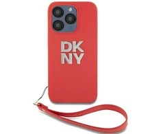 DKNY PU Leather Stack Logo Wrist Strap dėklas telefonui Apple iPhone 15 Pro raudonos spalvos