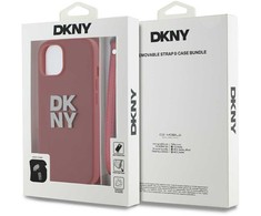 DKNY PU Leather Stack Logo Wrist Strap dėklas telefonui Apple iPhone 15 raudonos spalvos
