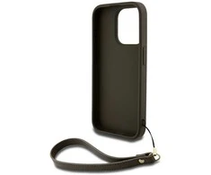 DKNY PU Leather Stack Logo Wrist Strap dėklas telefonui Apple iPhone 14 Pro Max rudos spalvos