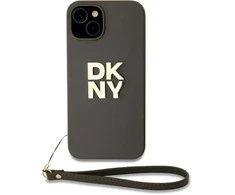 DKNY PU Leather Stack Logo Wrist Strap dėklas telefonui Apple iPhone 13 rudos spalvos