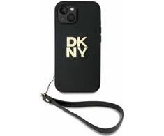 DKNY PU Leather Stack Logo Wrist Strap dėklas telefonui Apple iPhone 13 juodos spalvos