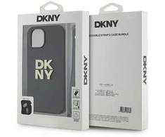 DKNY PU Leather Stack Logo Wrist Strap dėklas telefonui Apple iPhone 13 juodos spalvos