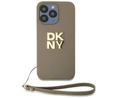 DKNY PU Leather Stack Logo Wrist Strap dėklas telefonui Apple iPhone 14 Pro Max rusvai gelsvas