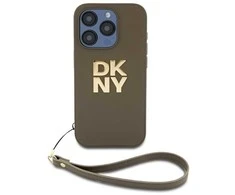 DKNY PU Leather Stack Logo Wrist Strap dėklas telefonui Apple iPhone 14 Pro Max rudos spalvos