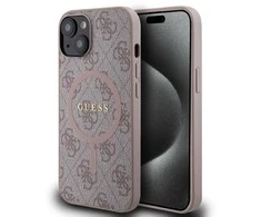Guess GUHMP14SG4GFRP iPhone 14 / 15 / 13 6.1" rožinė/rožinė kietas dėklas 4G kolekcijai odinis metalinis MagSafe logotipas | GUESS