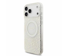 Dėklas Guess IML Flowers Allover Electroplated with Pearl Strap MagSafe Case, skirta iPhone 18 Pro Max / 17 Pro Max – Balta