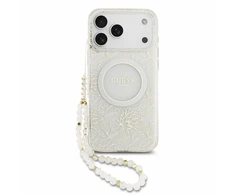 Dėklas Guess IML Flowers Allover Electroplated with Pearl Strap MagSafe do iPhone 18 Pro Max / 17 Pro Max balta
