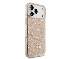 Guess IML Flowers Allover Strap MagSafe Dėklas iPhone 18 Pro Max Rožinė