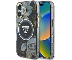 Guess Glitter Flowers Triangle Mygtukai MagSafe Apple iPhone 16 dėklas telefonui juodos spalvos