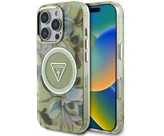 Guess Glitter Flowers Triangle Mygtukai MagSafe Apple iPhone 16 Pro Max dėklas telefonui žalios spalvos
