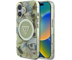 Guess Glitter Flowers Triangle Mygtukai MagSafe Apple iPhone 16 dėklas telefonui žalios spalvos