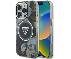 Guess Glitter Flowers Triangle Mygtukai MagSafe Apple iPhone 16 Pro Max dėklas telefonui juodos spalvos