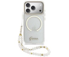 Guess IML Glitter Script Strap MagSafe dėklas skirtas iPhone 17 Pro Max Transparent