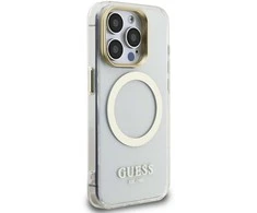 Guess IML Gold Outline Stand Camera Frame MagSafe dėklas skirtas Apple iPhone 15 Pro skaidrus