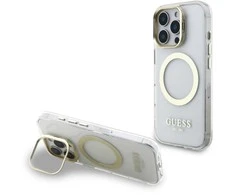 Guess IML Gold Outline Stand Camera Frame MagSafe dėklas skirtas Apple iPhone 16 Pro Max skaidrus