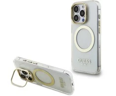 Guess IML Gold Outline Stand Camera Frame MagSafe dėklas skirtas Apple iPhone 15 Pro Max skaidrus