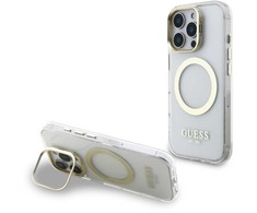 Guess IML Gold Outline Stand Camera Frame MagSafe dėklas skirtas Apple iPhone 16 Pro skaidrus