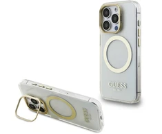 Guess IML Gold Outline Stand Camera Frame MagSafe dėklas skirtas Apple iPhone 15 Pro skaidrus