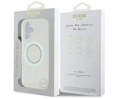 Guess IML Rhinestones Ring MagSafe Apple iPhone 16 dėklas telefonui baltos spalvos