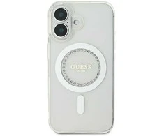 Guess IML Rhinestones Ring MagSafe Apple iPhone 16 dėklas telefonui baltos spalvos