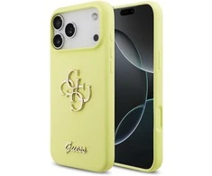 Guess Liquid Silicone 4G Metal Logo dėklas skirtas Apple iPhone 17 Pro Max geltonos spalvos