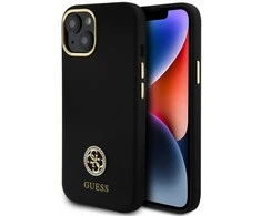 Guess Liquid Silicone 4G Strass Metal Logo dėklas telefonui Apple iPhone 15 juodos spalvos