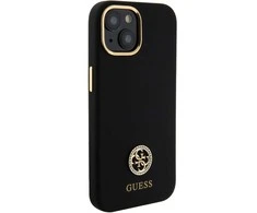 Guess Liquid Silicone 4G Strass Metal Logo dėklas telefonui Apple iPhone 15 juodos spalvos