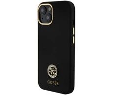 Guess Liquid Silicone 4G Strass Metal Logo dėklas telefonui Apple iPhone 15 juodos spalvos