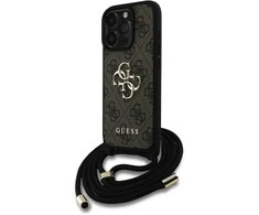 Guess PU 4G Metal Logo Crossbody Strap Apple iPhone 15 Pro Max dėklas telefonui rudos spalvos