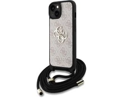 Guess PU 4G Metal Logo Crossbody Strap dėklas skirtas Apple iPhone 15 rožinės spalvos