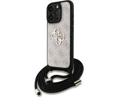 Guess PU 4G Metal Logo Crossbody Strap dėklas skirtas Apple iPhone 15 Pro Max rožinės spalvos