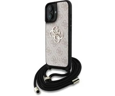Guess PU 4G Metal Logo Crossbody Strap dėklas skirtas Apple iPhone 16 rožinės spalvos