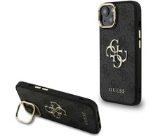 Guess PU 4G Metal Logo Stand Camera Frame dėklas skirtas Apple iPhone 13 juodos spalvos